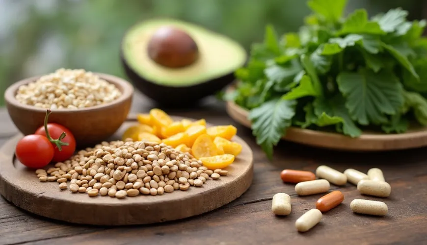 Suplementos probióticos para mejorar la salud intestinal junto a alimentos naturales